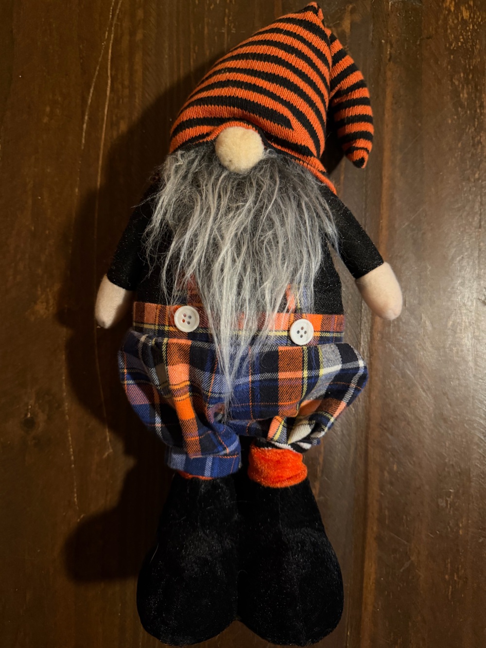Plush Bearded Gnome Decor in an Orange & Blue Plaid